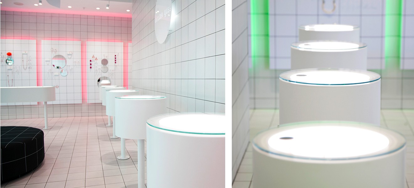 Carefully concealed LED lighting allows Kirsten to adjust the colour of the store at the touch of a dial. Carefully concealed LED lighting allows Kirsten to adjust the colour of the store at the touch of a dial.